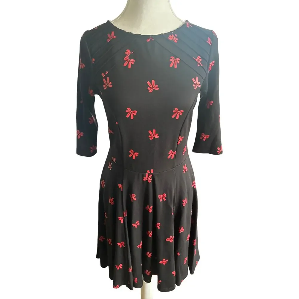 Unique Vintage Black Bow Print Dress | Size L | Retro Pinup Style - Picture 3 of 6